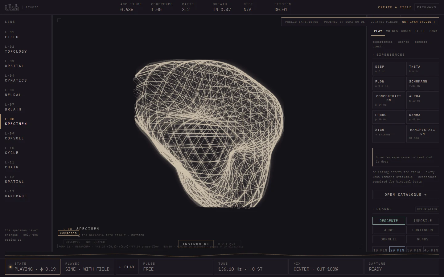 IFAH Studio: the acoustic field surrounded by its live sound, spatial and recording controls.